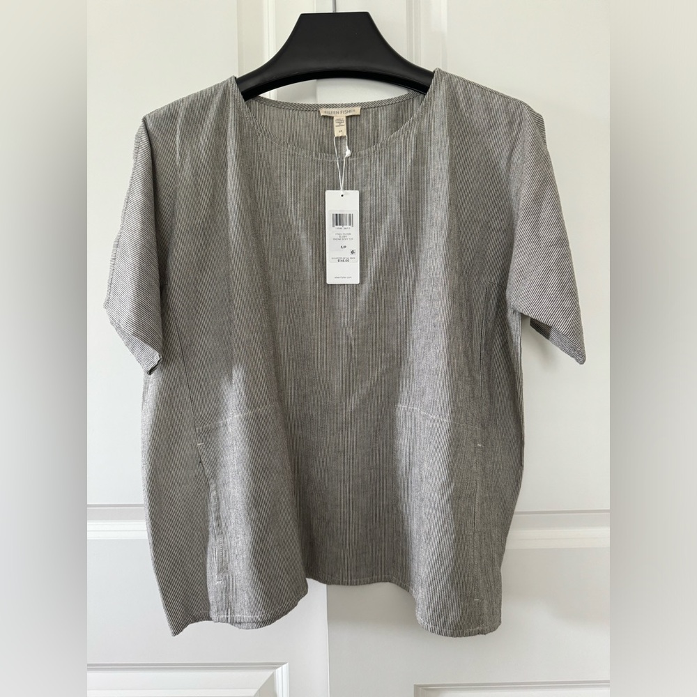 Eileen Fisher Gray Short-Sleeve Linen Blend Boxy Top